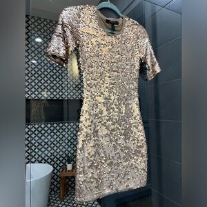 Gold Sequin Dress BCBGMAXAZRIA Marta Fitted Mini Cocktail 1/2 Sleeve
